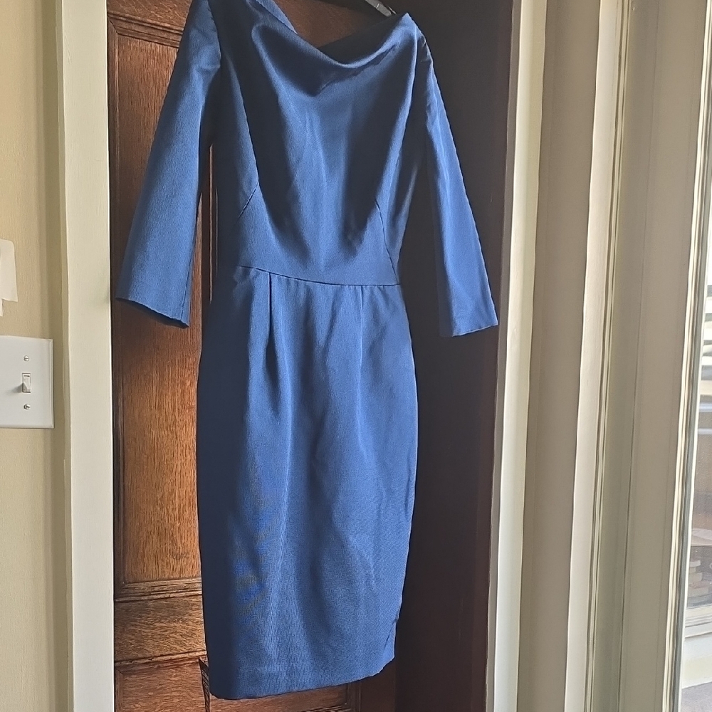 Lela Rose Blue Sheath Dress with Long Sleeves